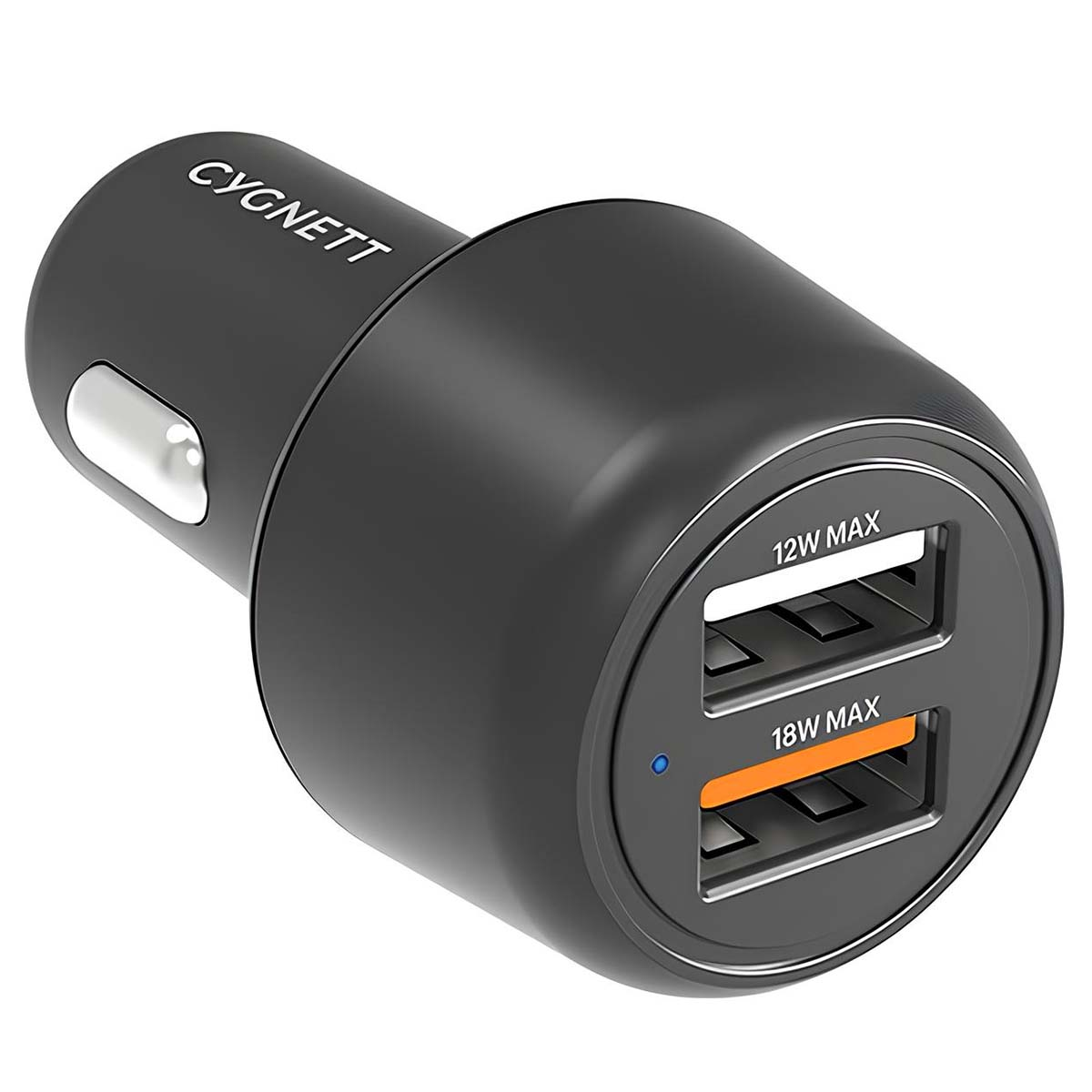 Caricatore auto Cygnett nero con due porte USB, 12W MAX e 18W MAX.
