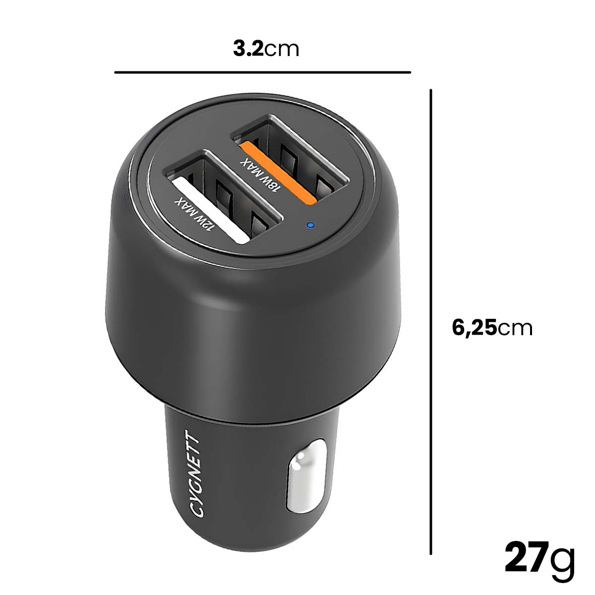 Caricabatterie auto Cygnett nero con due porte USB, 12W e 18W max. Dimensioni 3,2cm x 6,25cm.