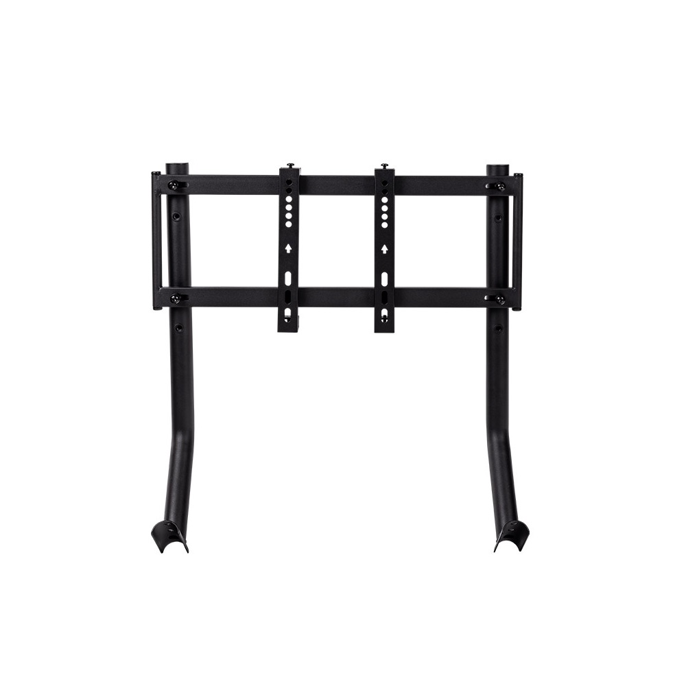 Supporto TV nero in metallo con gambe curve e supporto per TV.