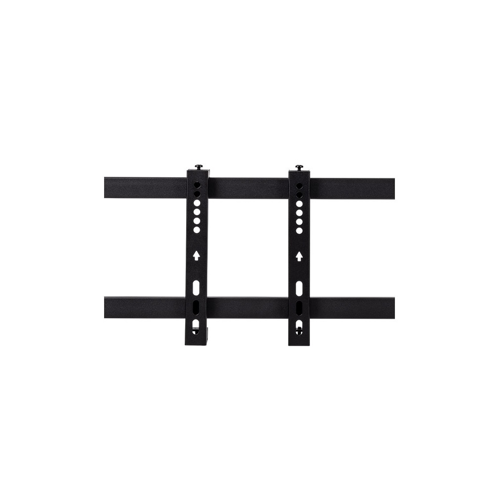 Supporto da parete TV in metallo nero con bracci regolabili e fori per viti.