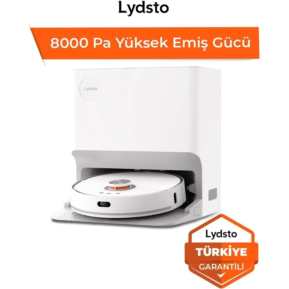 Beyaz Lydsto robot süpürge, şarj istasyonunda, emiş gücü hakkında metinle.