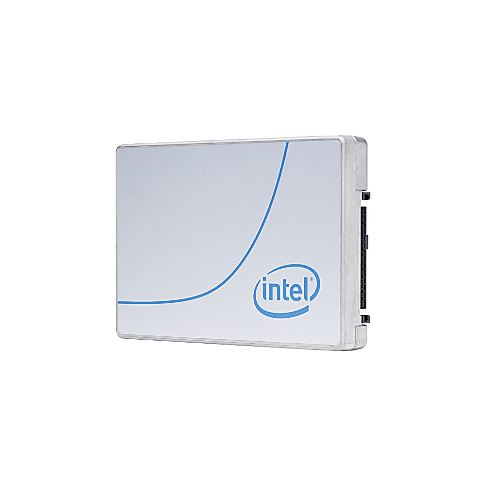 Un SSD Intel bianco con linea curva blu e logo su sfondo bianco.