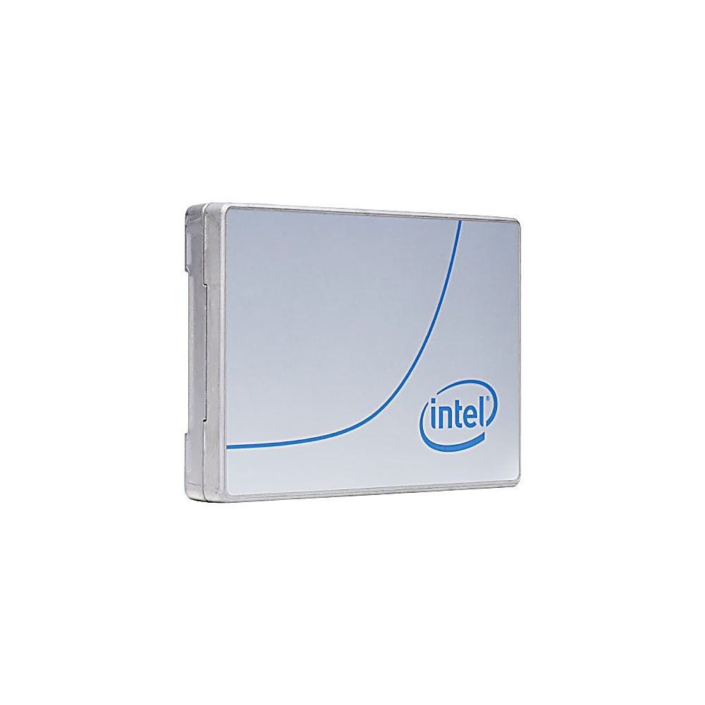 Un SSD Intel con logo blu e curva su sfondo bianco.