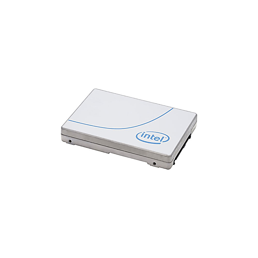 SSD Intel bianco con linea curva blu e logo Intel su sfondo bianco.