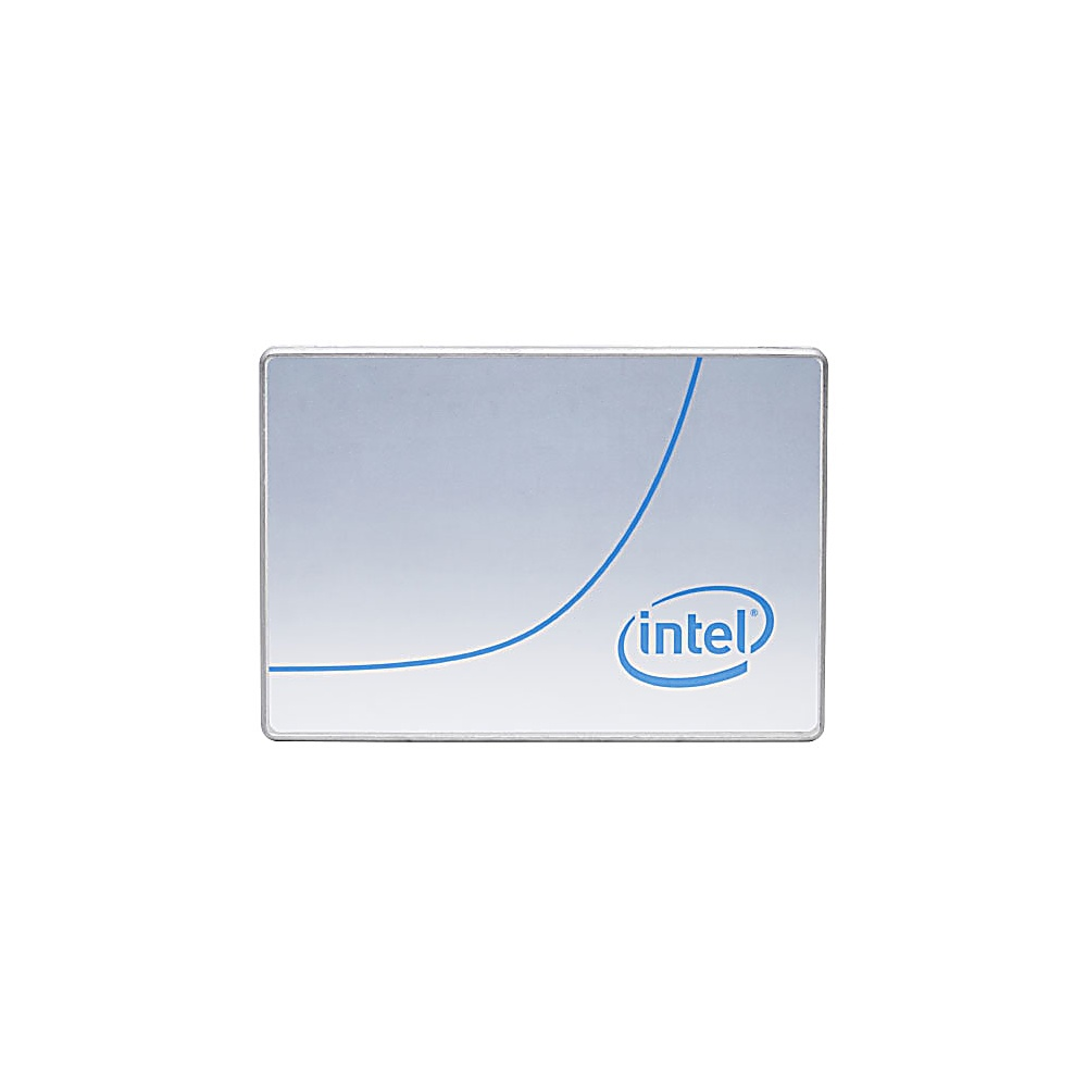 Un SSD Intel argentato con logo blu e linea curva.