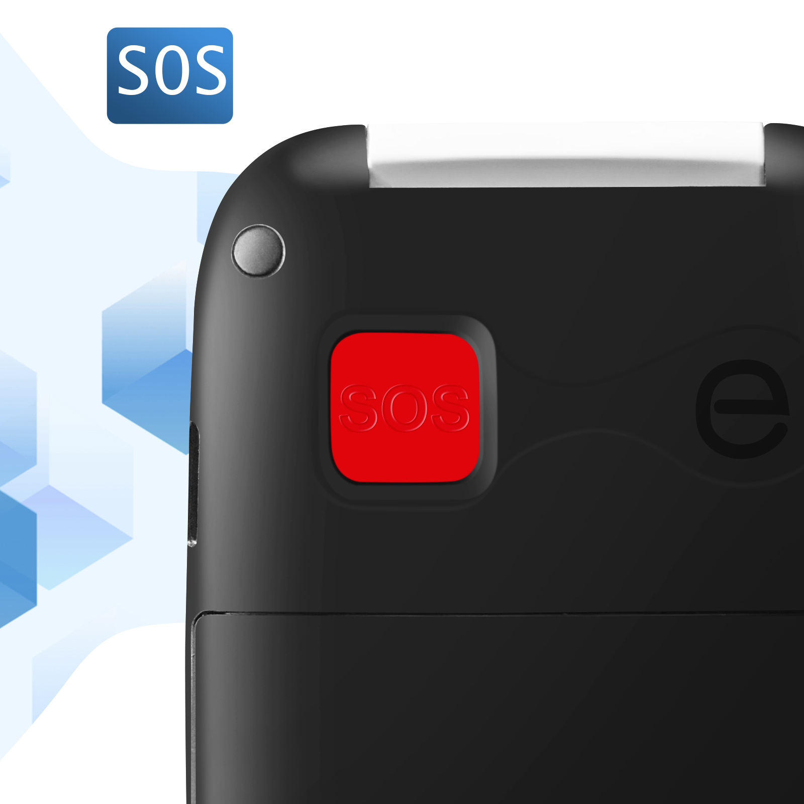 Schwarzes Gerät mit rotem SOS-Knopf. Blaues SOS-Logo oben links.
