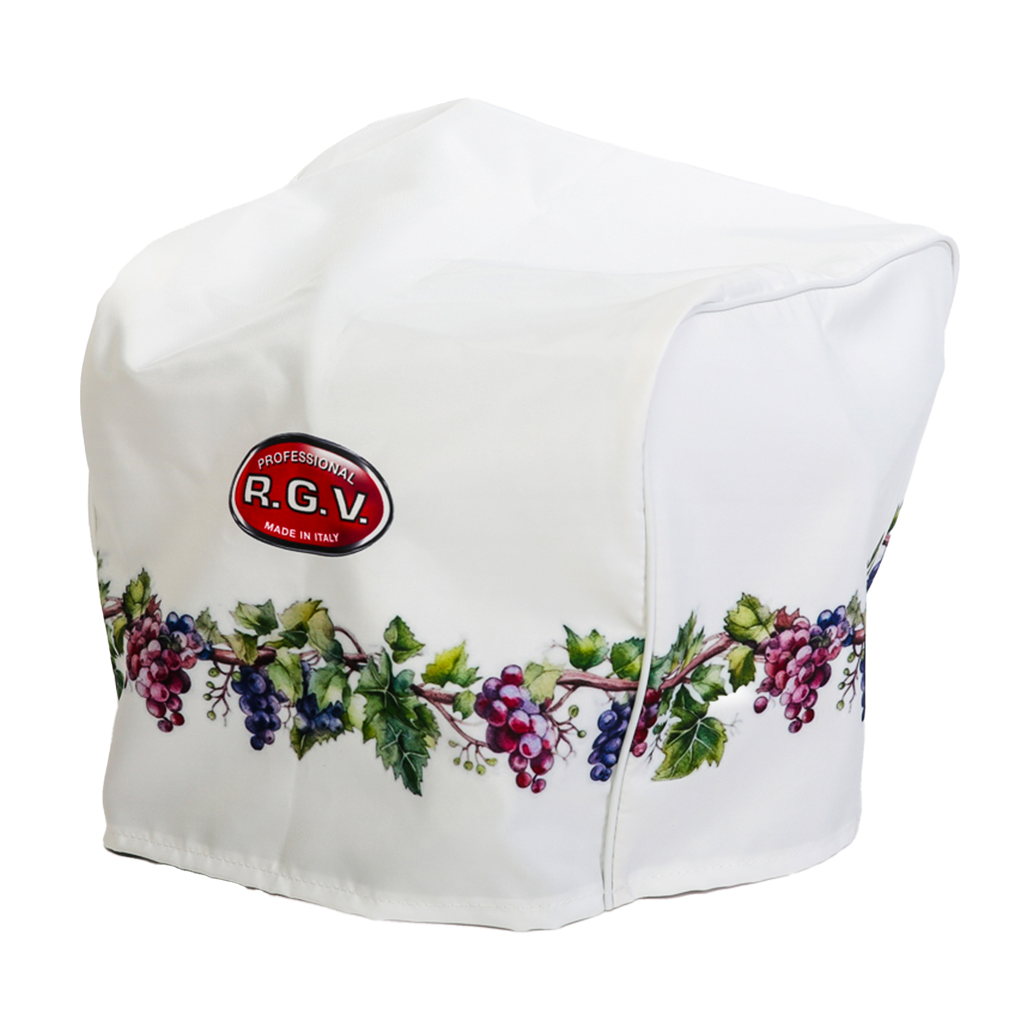 Biała osłona z logo RGV i wzorem winorośli.