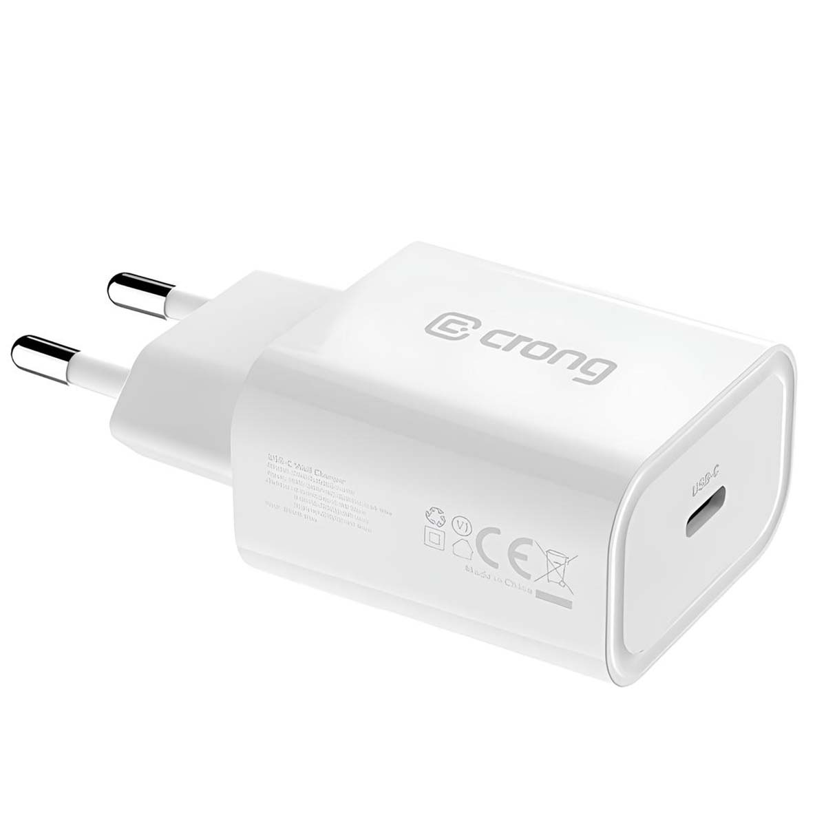 Caricatore da muro bianco Crong USB-C con due pin e una porta USB-C. Dettagli testuali visibili.
