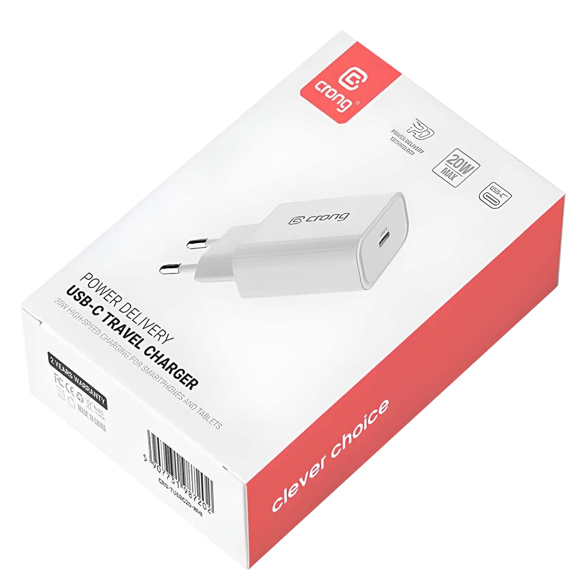 Scatola bianca caricatore da viaggio Crong USB-C con caricatore. Testo: '20W MAX'.