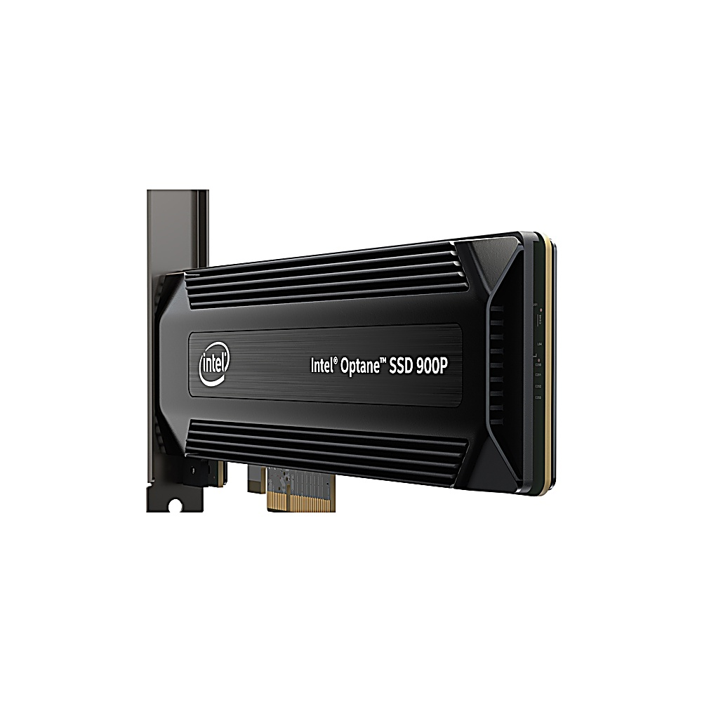 Un dispositivo di archiviazione Intel Optane SSD 900P nero con connettore PCIe.