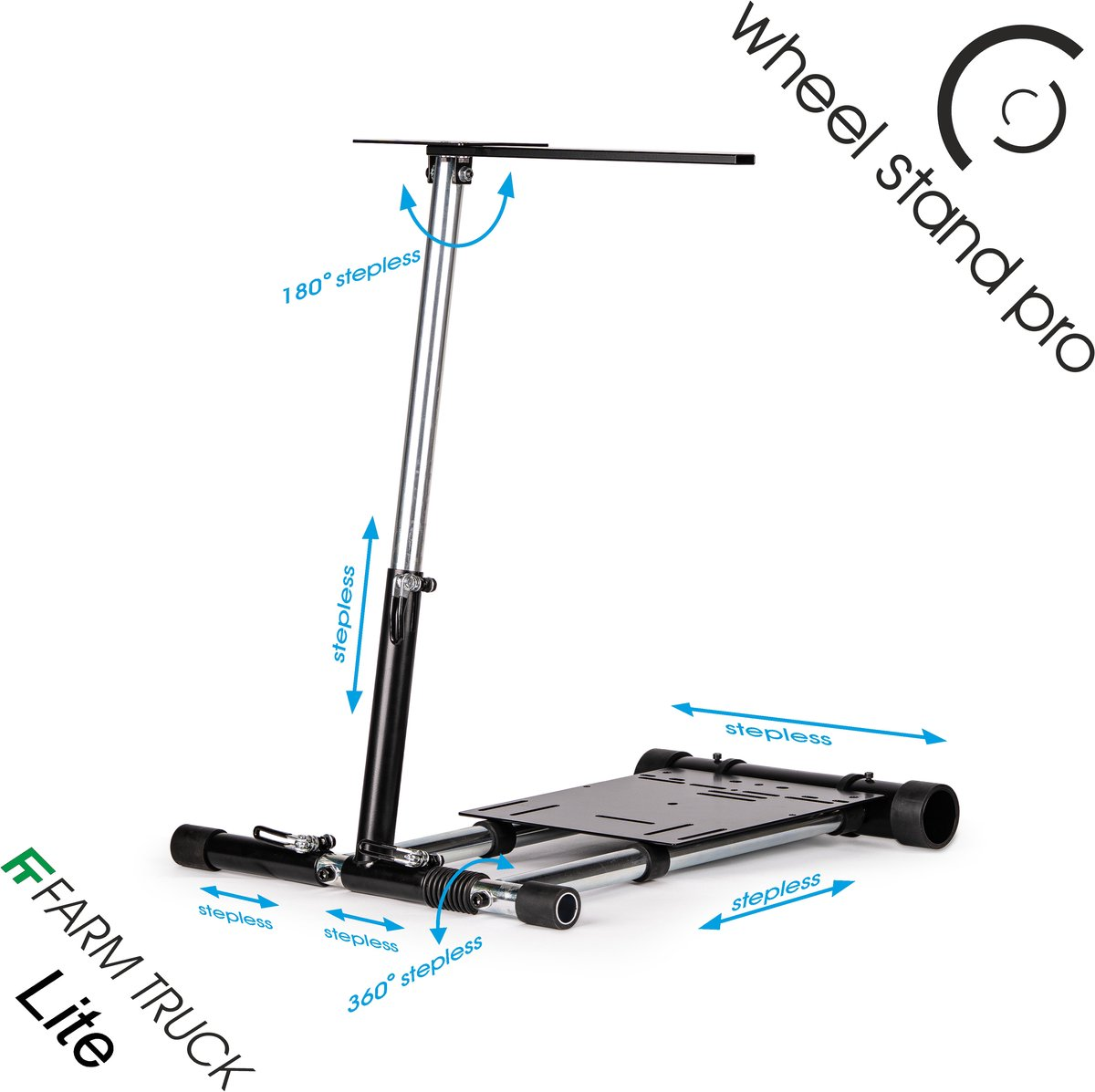 Een zwart-zilveren wheel stand pro wordt getoond met verstelbare onderdelen.