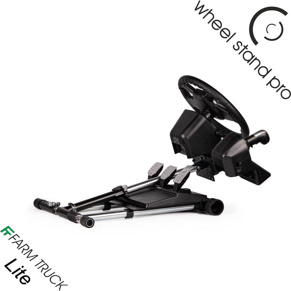 Zwarte gaming stuurstandaard met pedalen en pookmontage, op witte achtergrond.