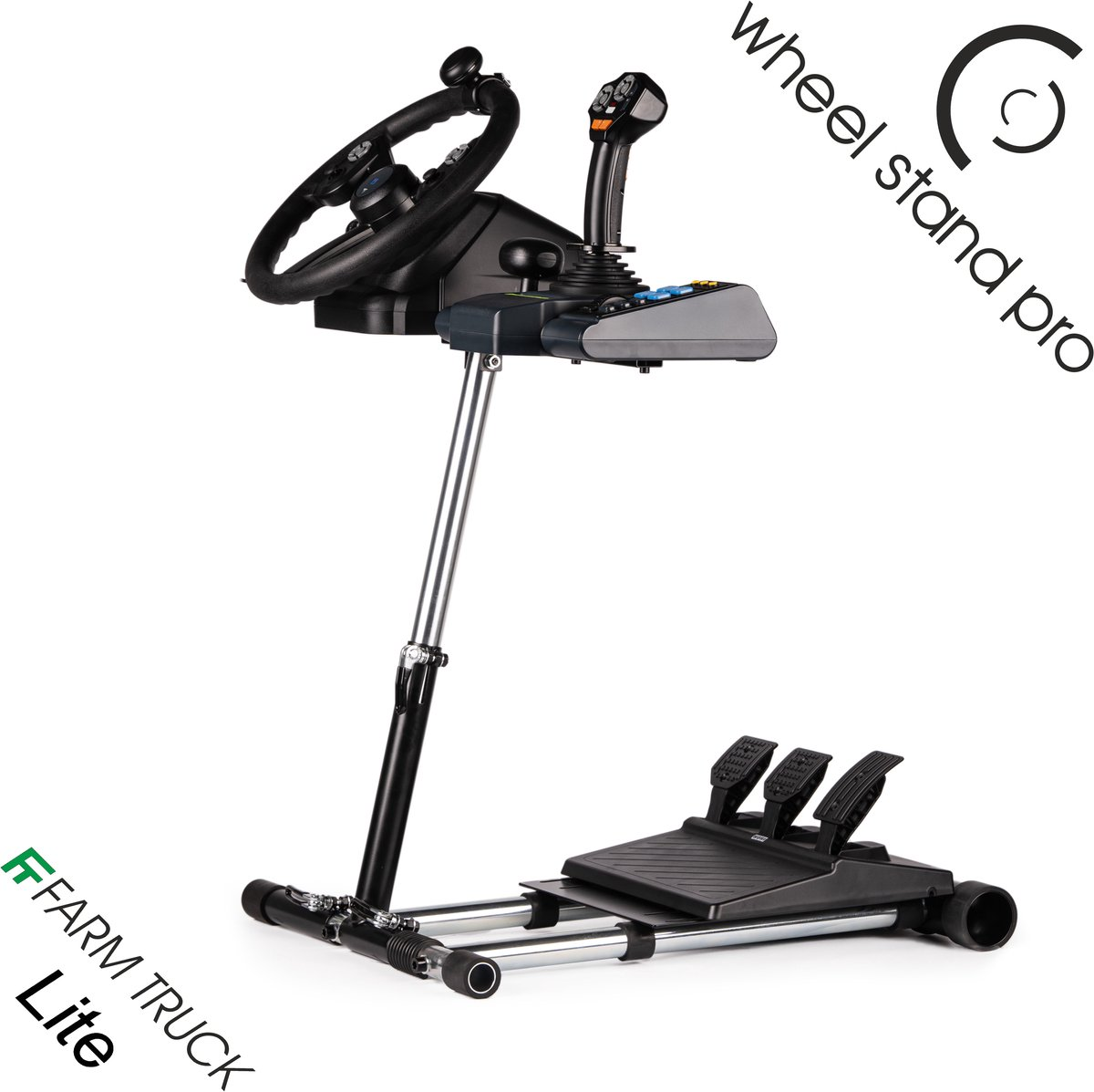 Een zwarte gaming stuurstandaard met pedalen en joystick op witte achtergrond.