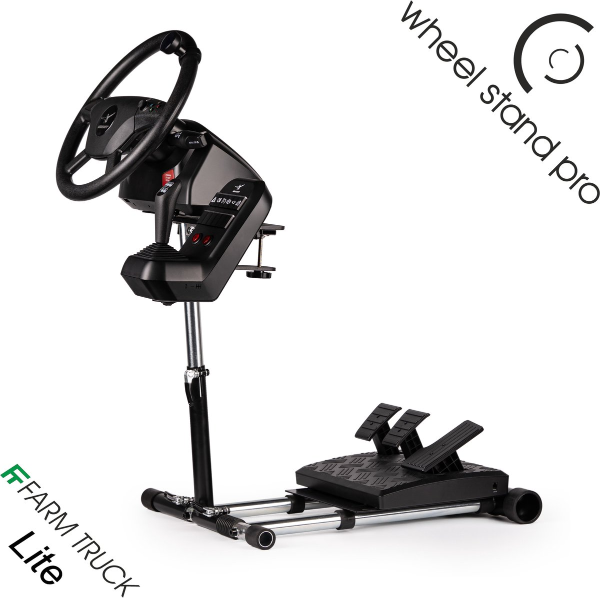 Een zwart racestuur, joystick en pedalen op een metalen standaard.