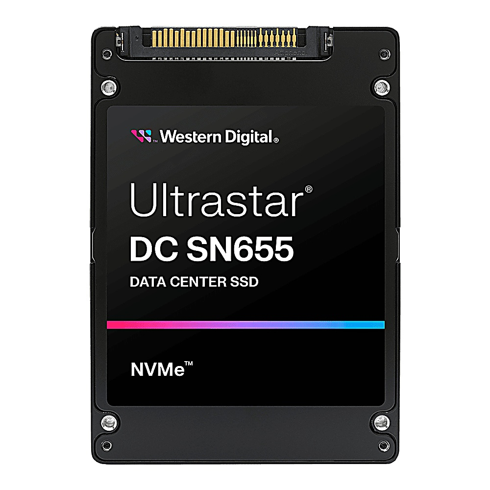 Un SSD Western Digital Ultrastar DC SN655 per data center nero con connettore NVMe.