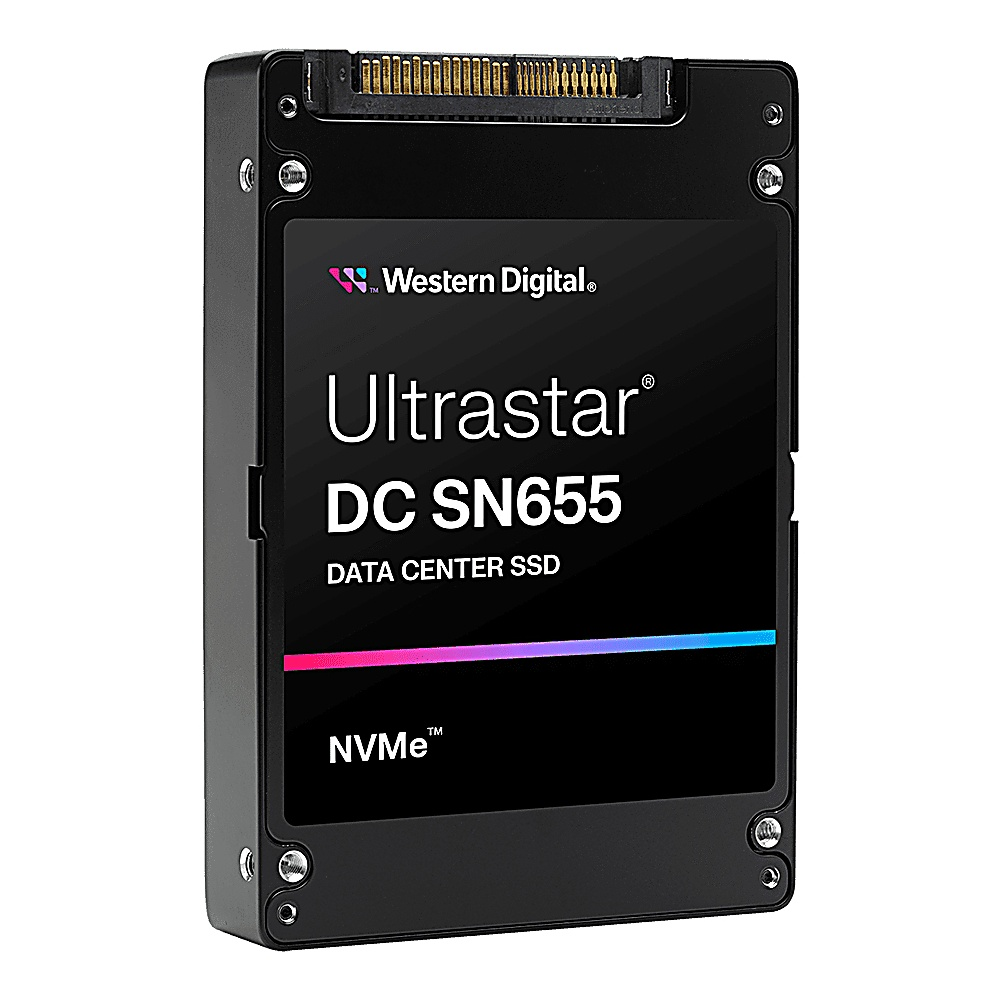 Un SSD Western Digital Ultrastar DC SN655 per data center nero con interfaccia NVMe.