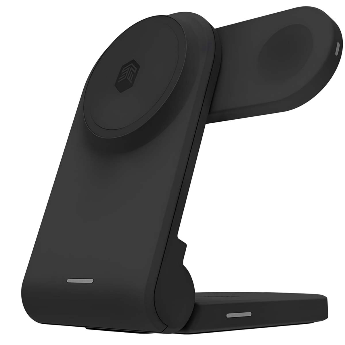 Un caricabatterie wireless pieghevole nero con logo sulla parte superiore.