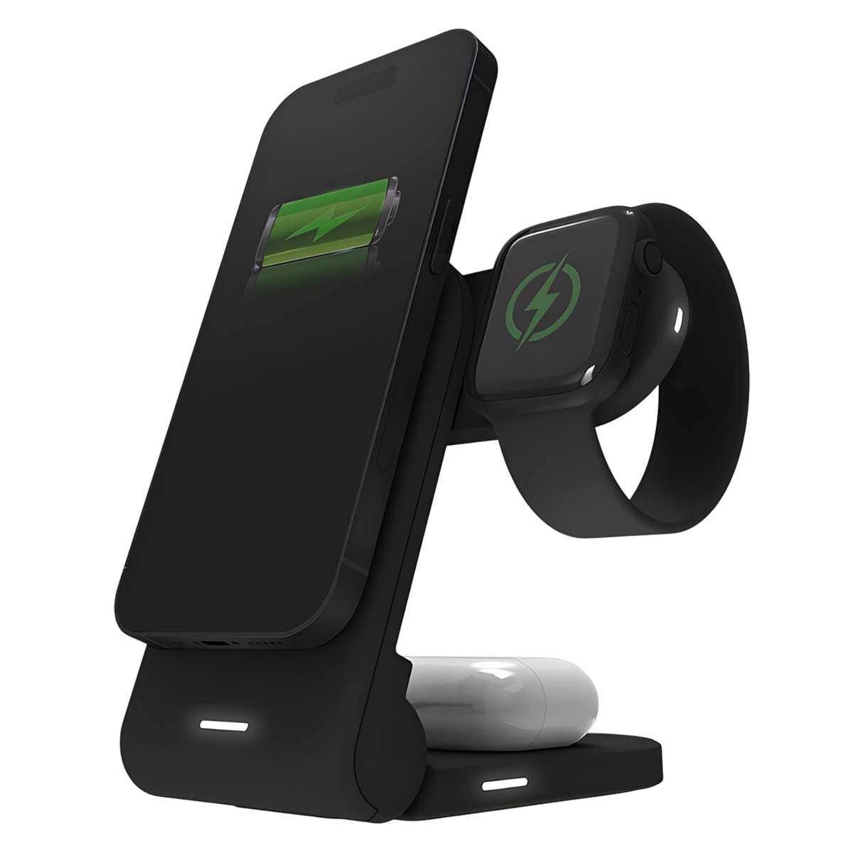Supporto di ricarica wireless nero con telefono, orologio e auricolari. Telefono e orologio mostrano icone di ricarica verdi.