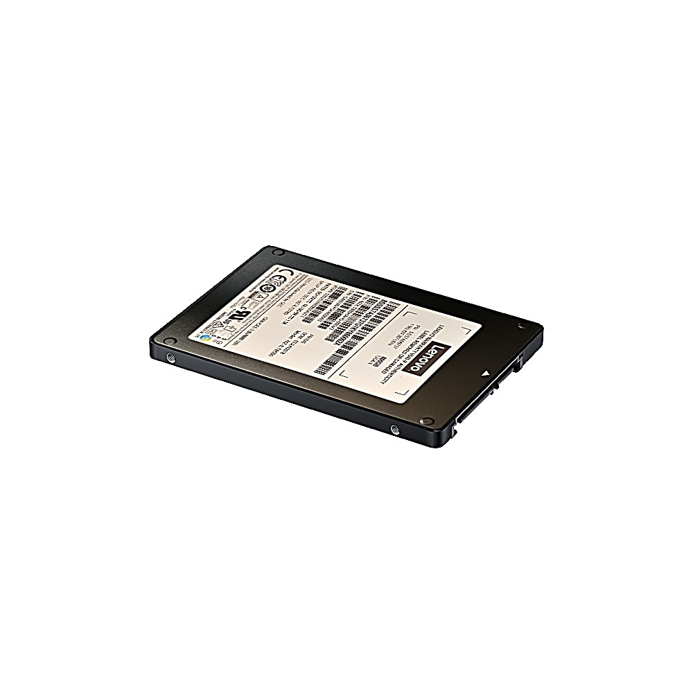 Un'unità SSD Lenovo nera con etichette e connettori argentati è mostrata su sfondo bianco.