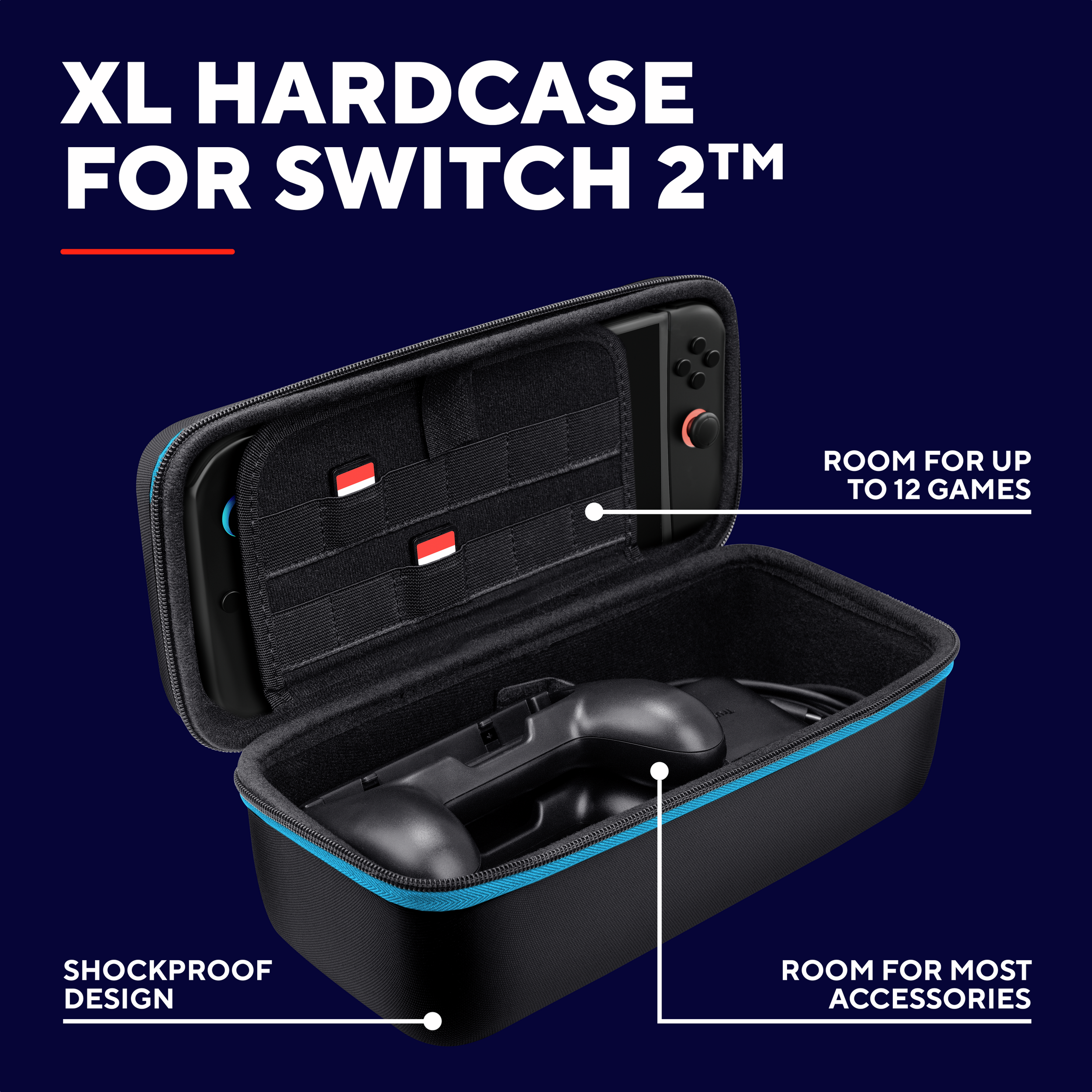 Zwarte Switch 2 XL hardcase met blauwe rits, met accessoires erin.