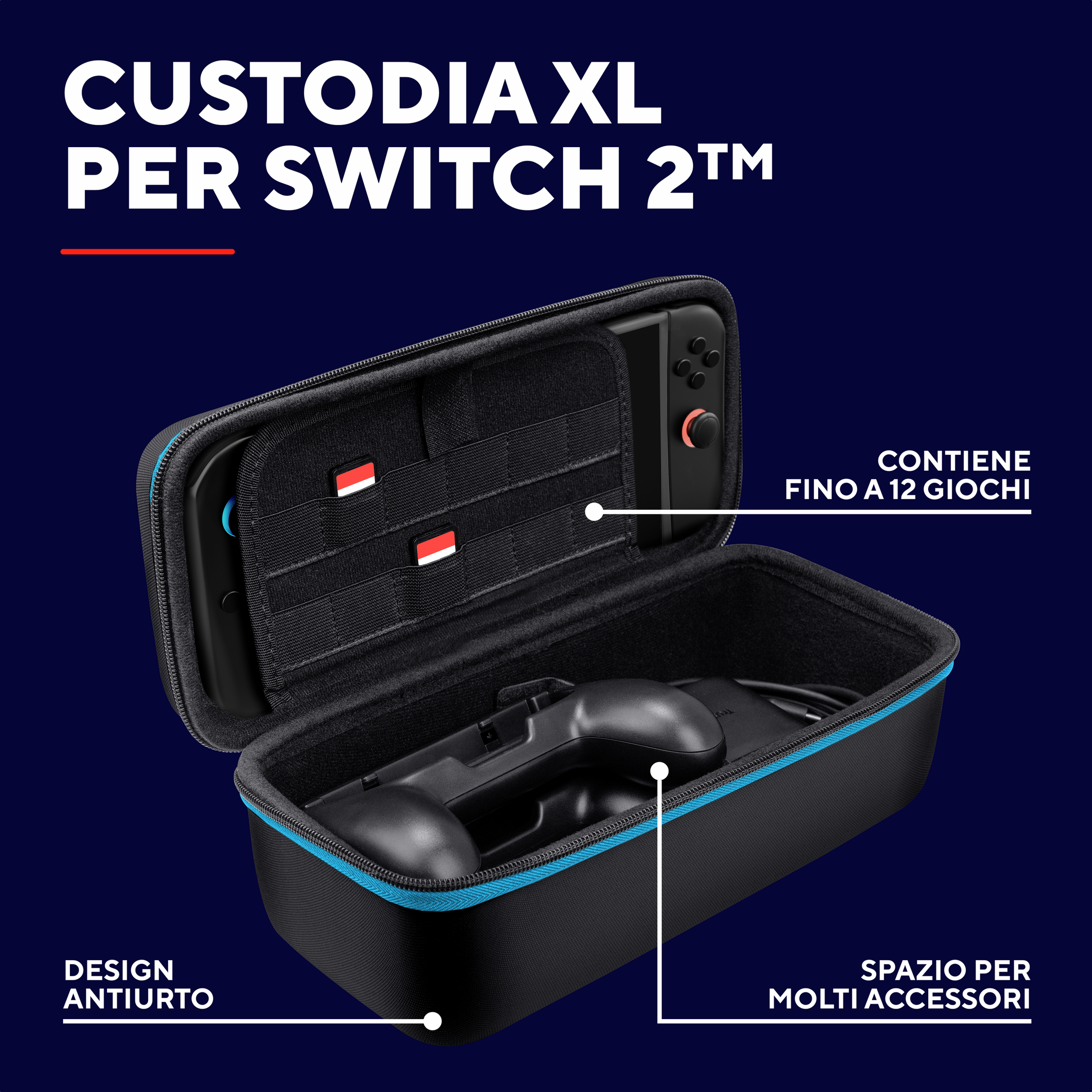 Zwarte Nintendo Switch XL case met handvat, voor games en accessoires.