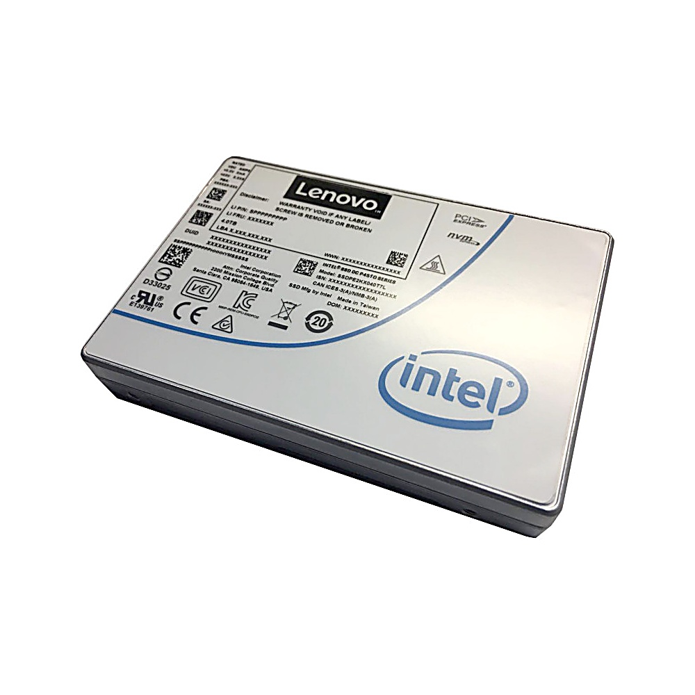 Un SSD Lenovo argento e nero con logo Intel. Ha dettagli prodotto e certificazioni sopra.