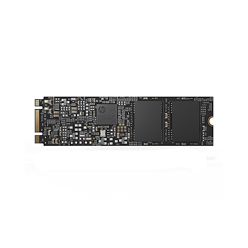 Un SSD M.2 NVMe nero con logo HP. Ha due chip neri e un connettore dorato.