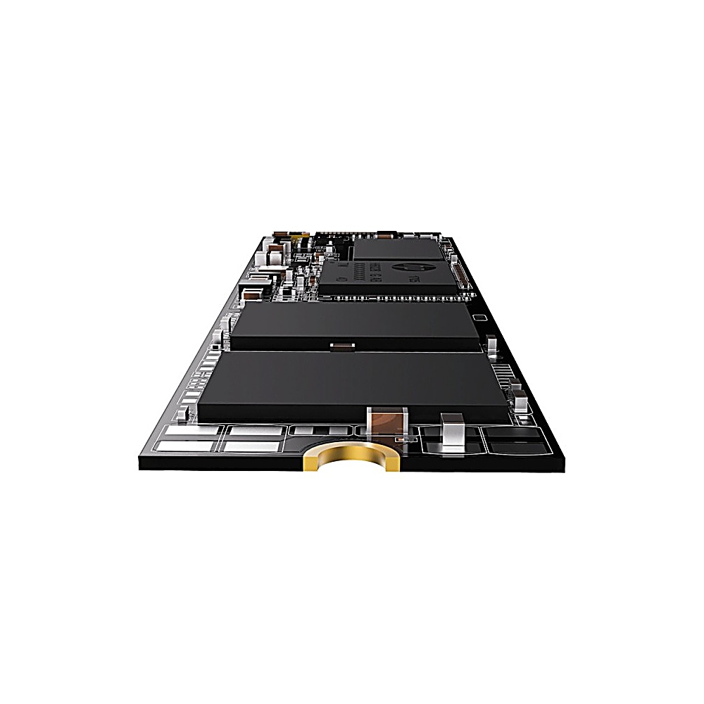 Un SSD nero con connettore dorato, circuito stampato dettagliato con chip.