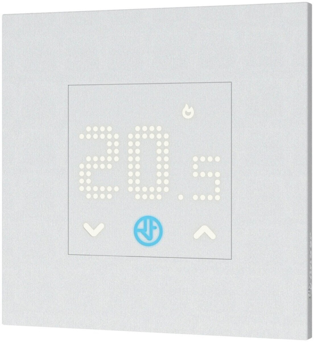 Un termostato bianco mostra 20,5 gradi e ha un'icona a fiamma.