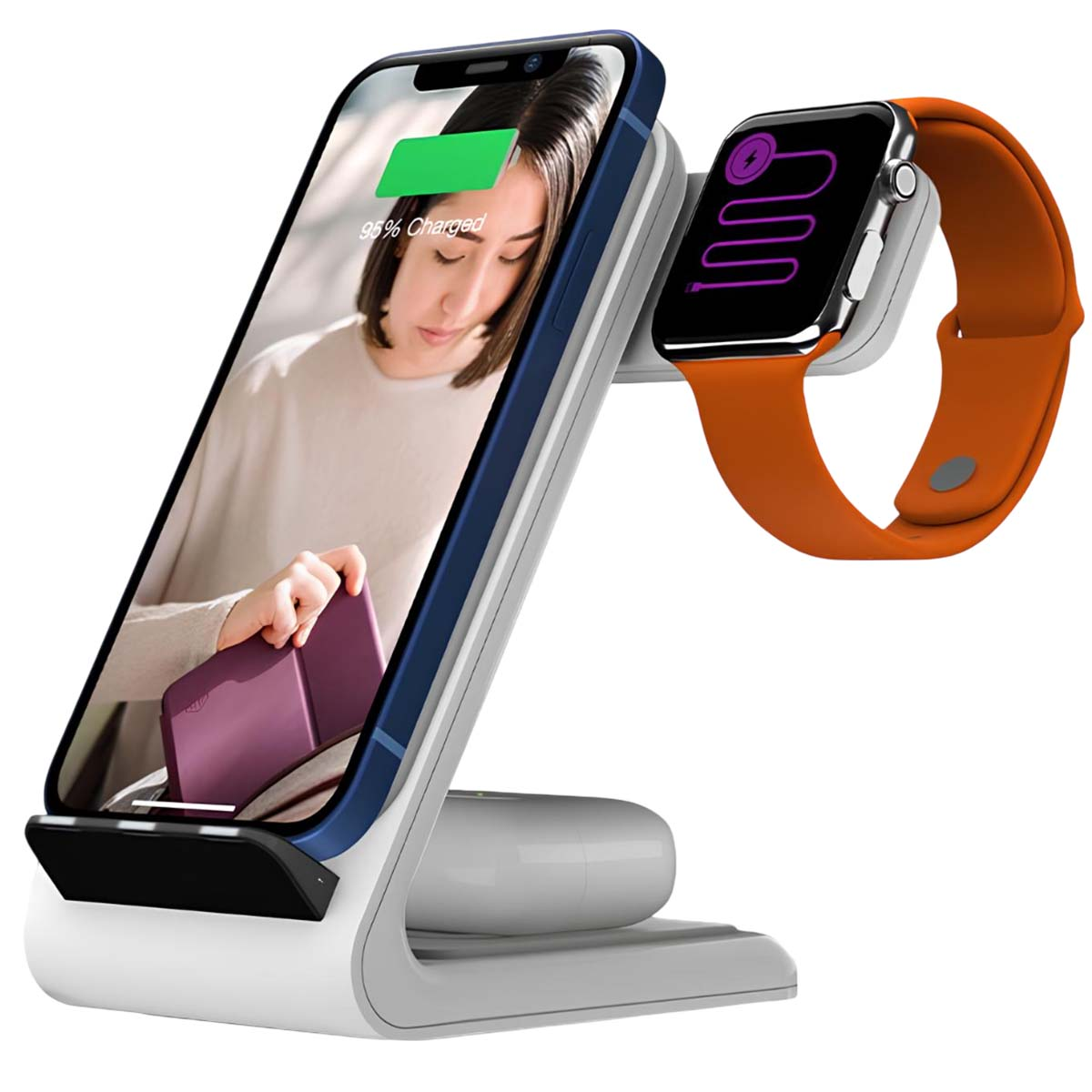 Ein weißes Ladegerät hält ein Telefon und eine Smartwatch. Das Telefon zeigt 95% geladen. Die Uhr hat ein oranges Band.