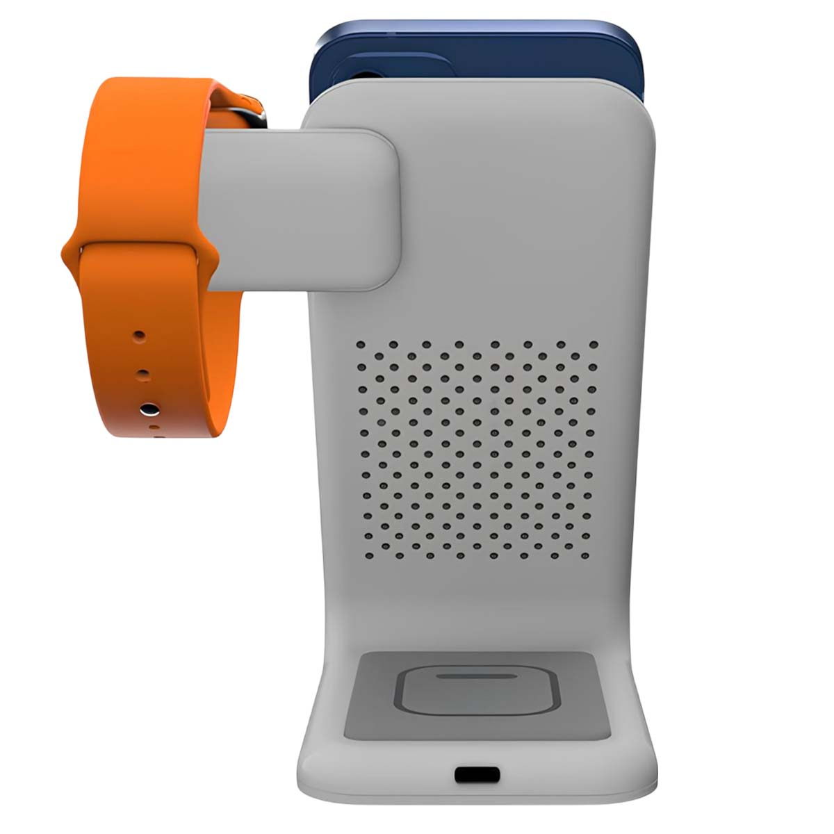 Ein weißes Ladegerät mit einem orangefarbenen Armband und einem blauen Handy.