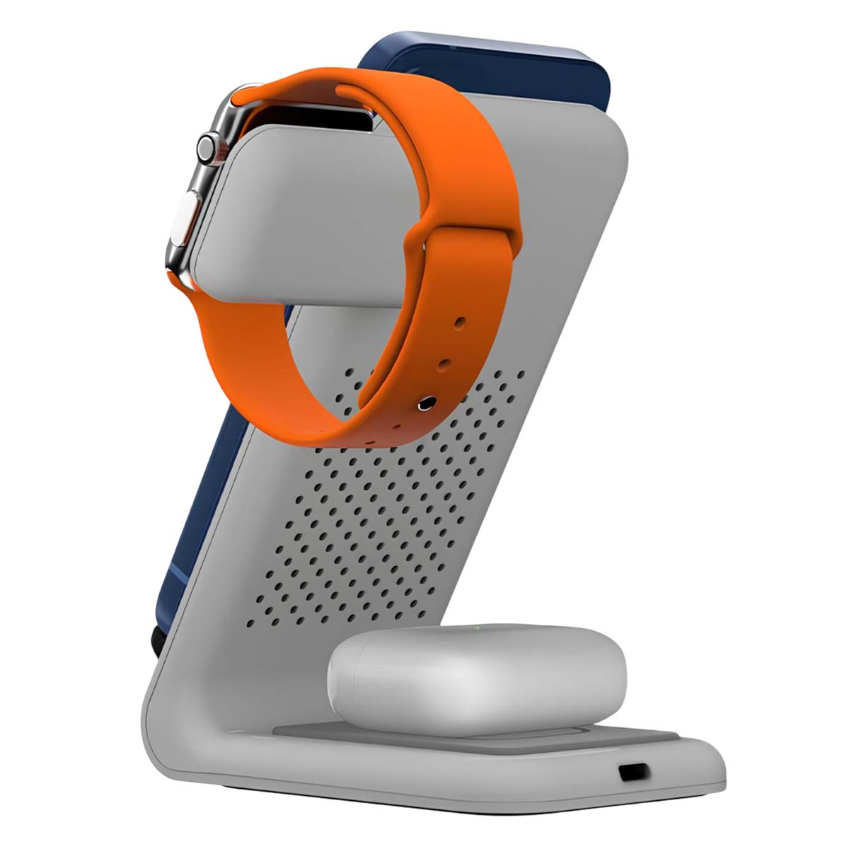 Ein grauer Ladeständer hält ein blaues Telefon, eine silberne Uhr mit orangem Band und weiße Ohrhörer.