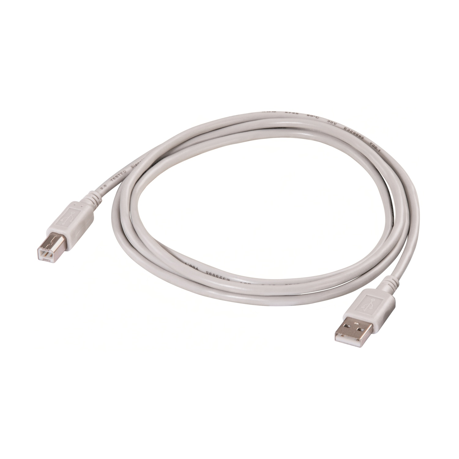 Ein weißes USB-Kabel mit zwei verschiedenen Anschlüssen, auf weißem Hintergrund.