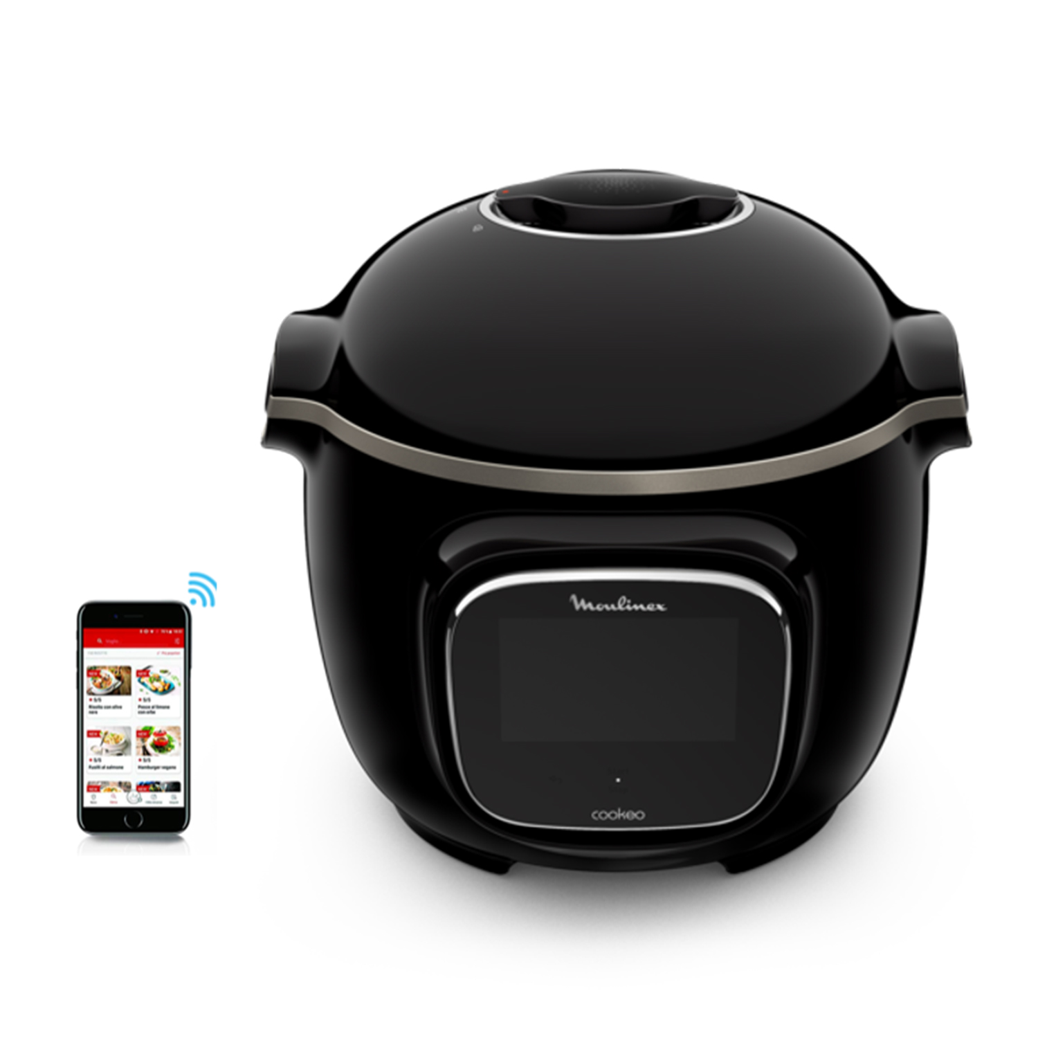 Cucina intelligente nera con telefono che mostra ricette. Sfondo bianco.