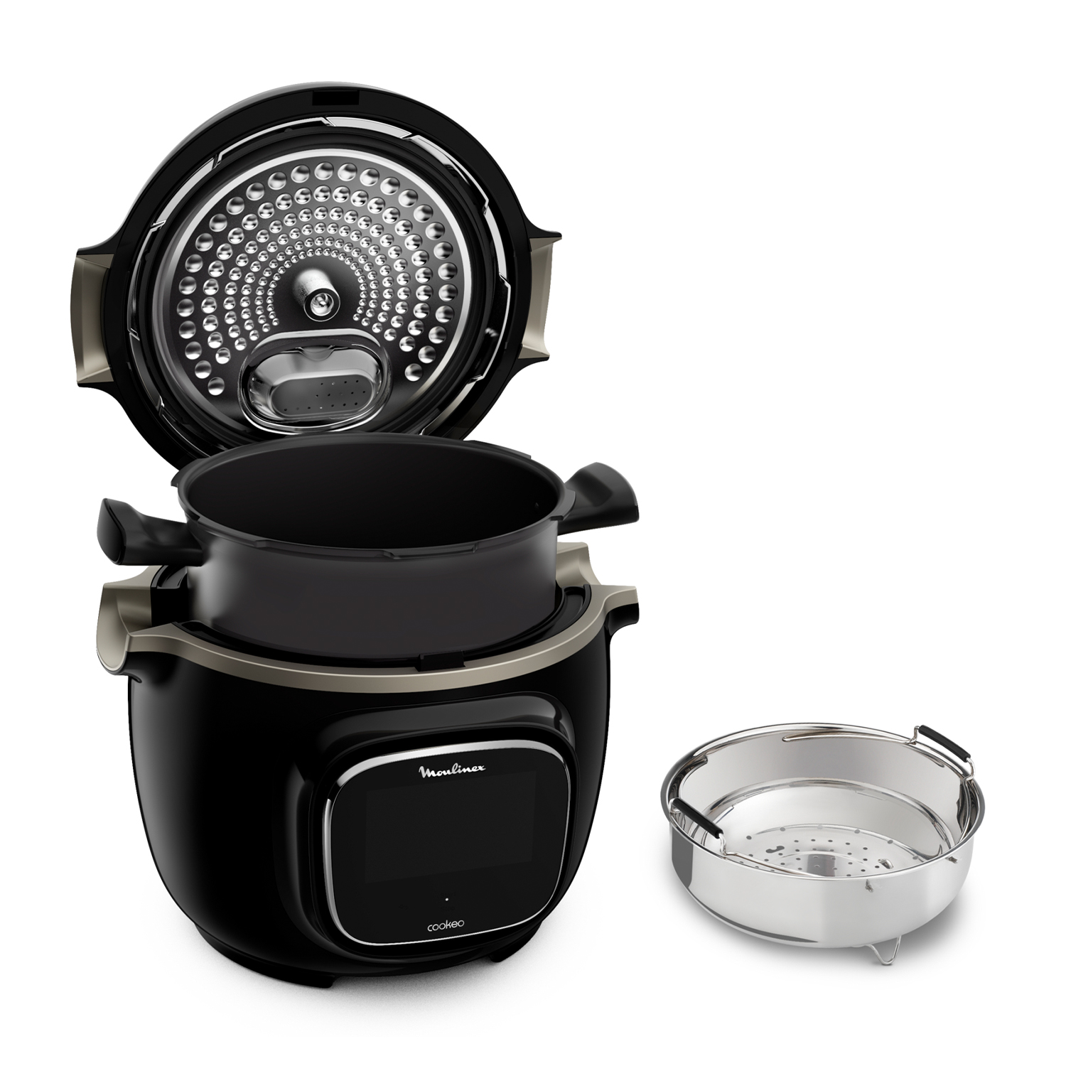 Multicooker nero aperto con pentola interna e cestello per la cottura a vapore.
