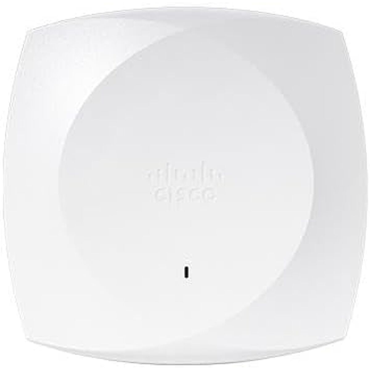 Biały, kwadratowy punkt dostępowy Cisco z subtelnym zakrzywieniem i małym czarnym wskaźnikiem.