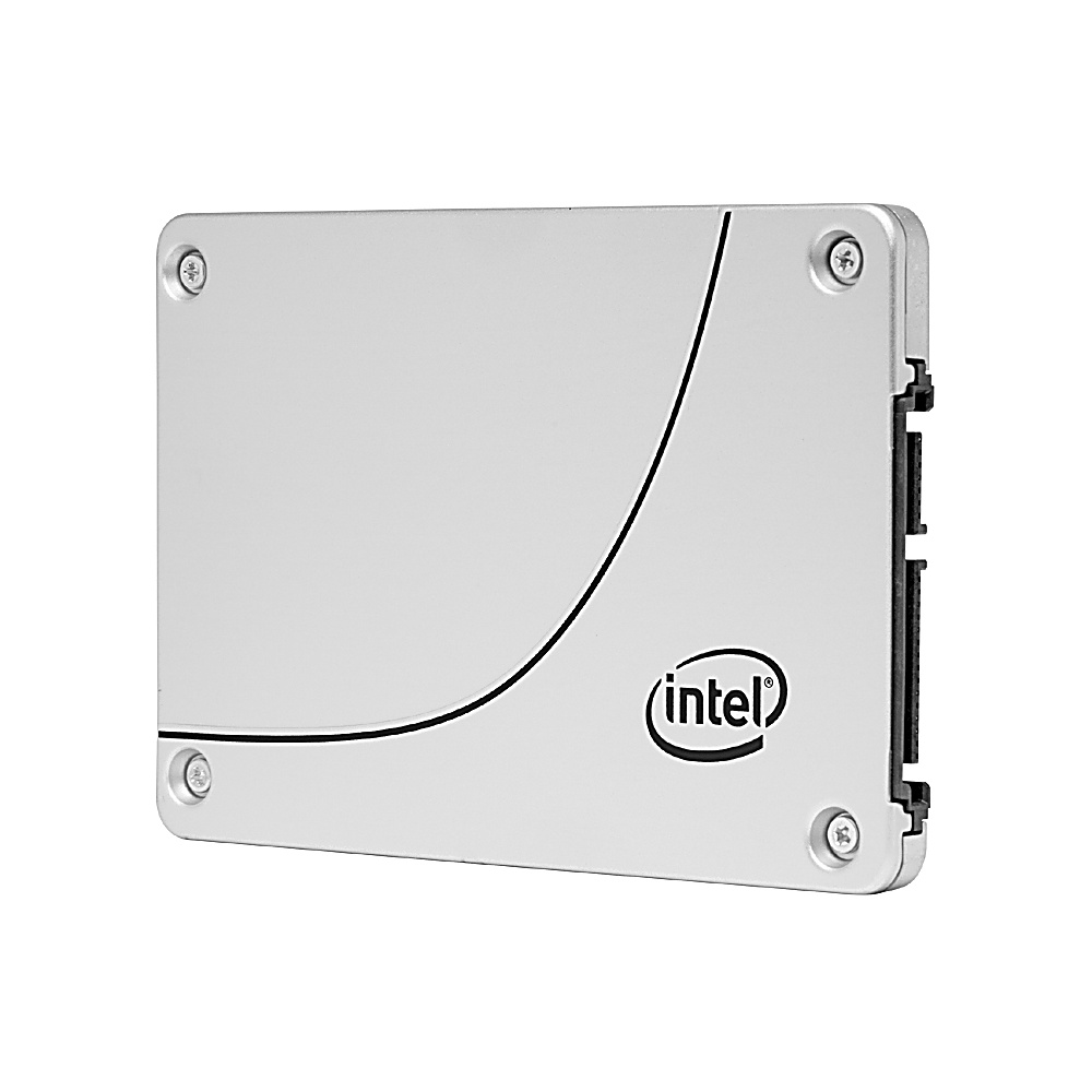 SSD Intel argentato con linea curva nera e logo Intel su sfondo bianco.