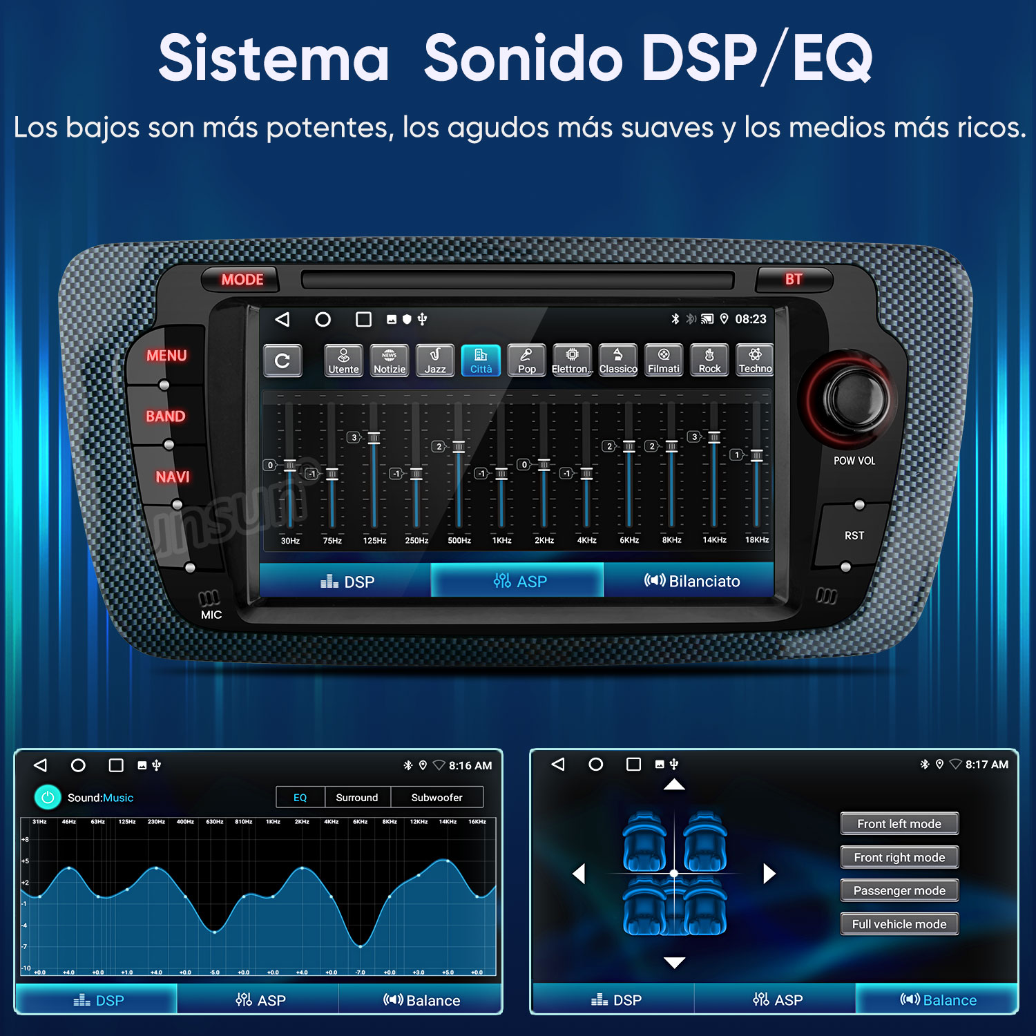 Sistema de sonido para coche con ajustes de EQ y DSP, gráfico de ecualizador y posiciones.