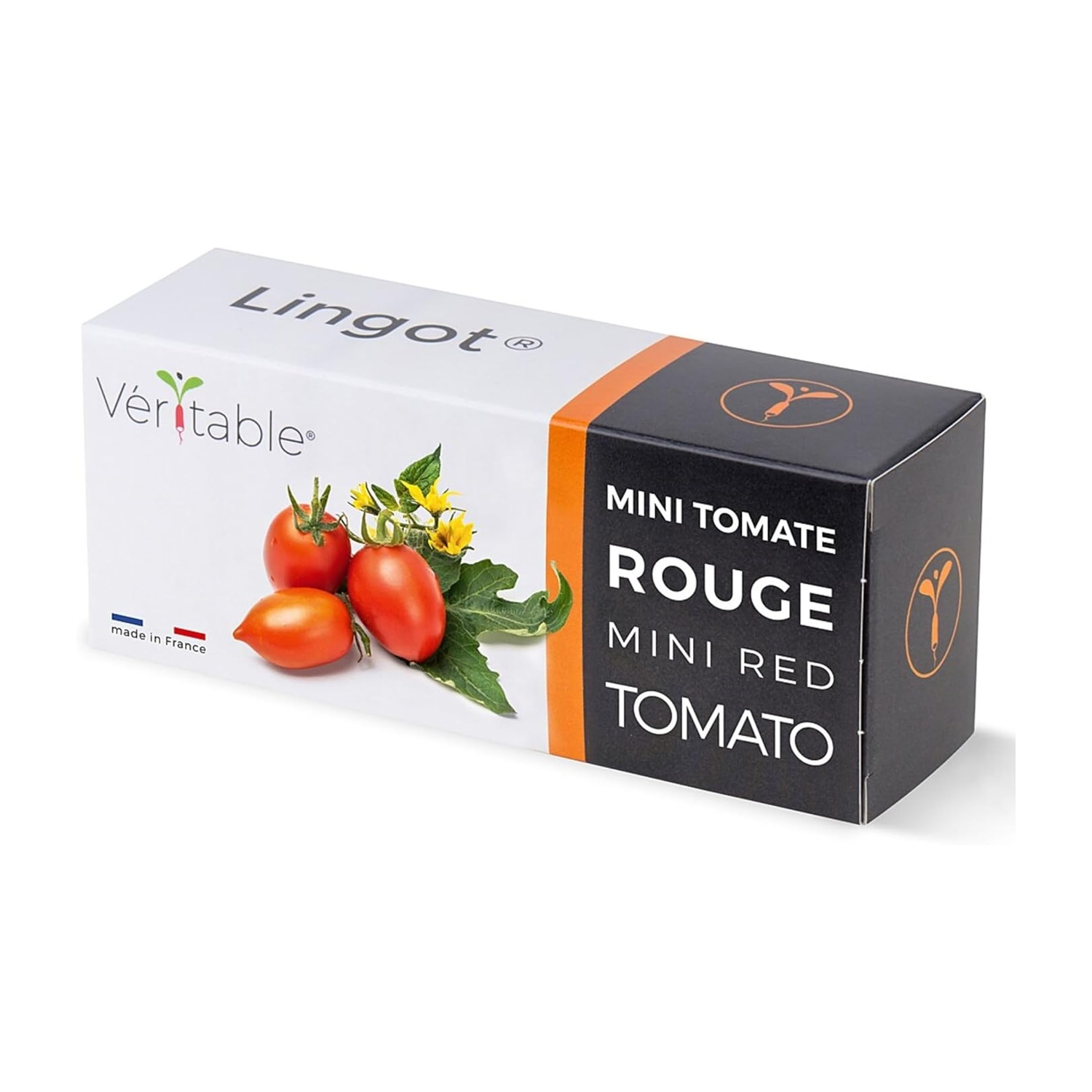 Box mit Mini-Roten Tomaten, Marken 'Lingot' und 'Véritable', hergestellt in Frankreich.