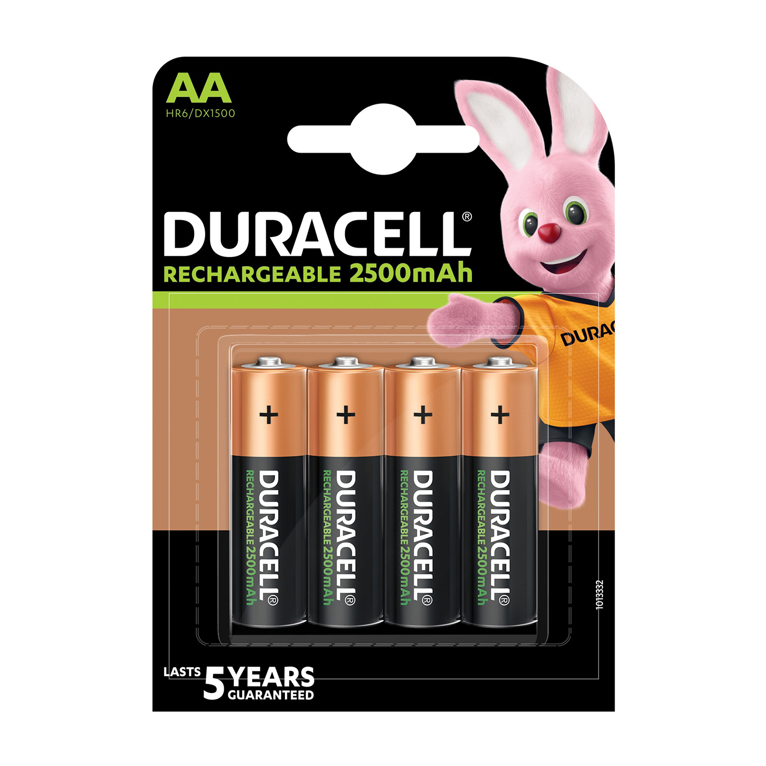 Lot de quatre piles rechargeables AA Duracell, avec mascotte de lapin rose.