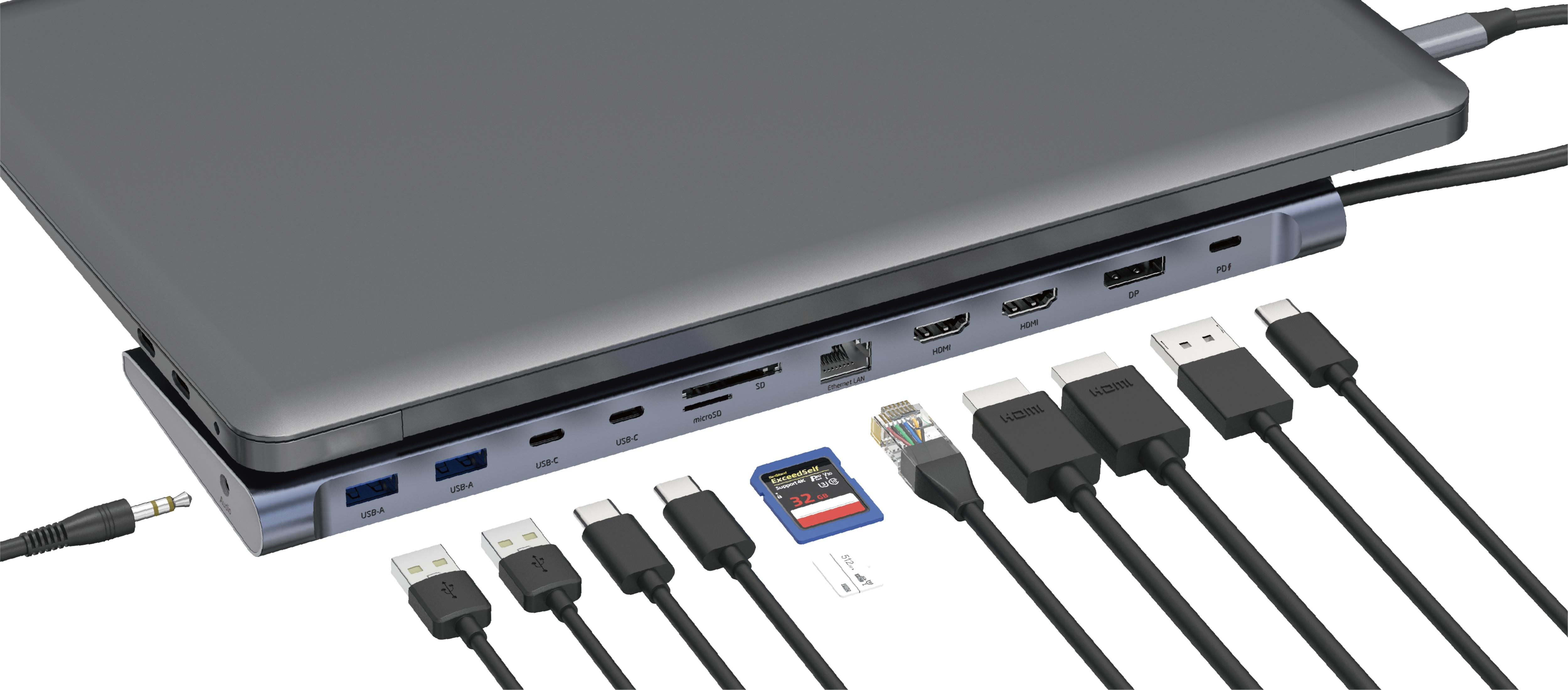 Laptop an Dockingstation mit mehreren Anschlüssen und Kabeln, darunter USB und HDMI.