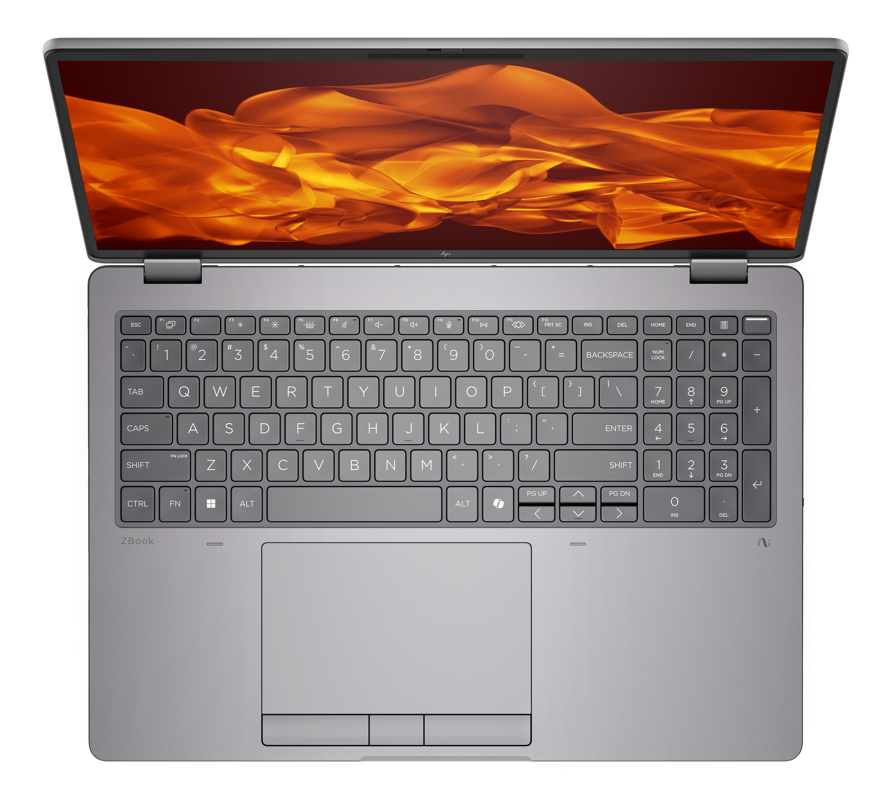 Un laptop HP ZBook argentato è aperto, mostrando una tastiera e uno schermo con uno sfondo astratto arancione.