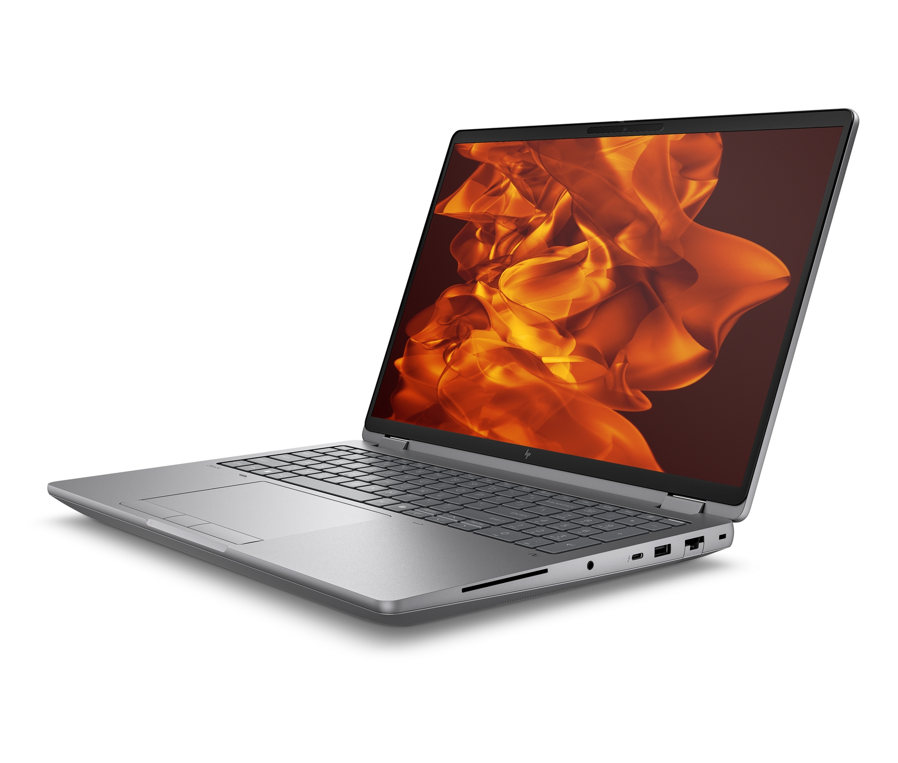 Un laptop argentato con lo schermo aperto, che mostra un motivo astratto arancione e giallo.