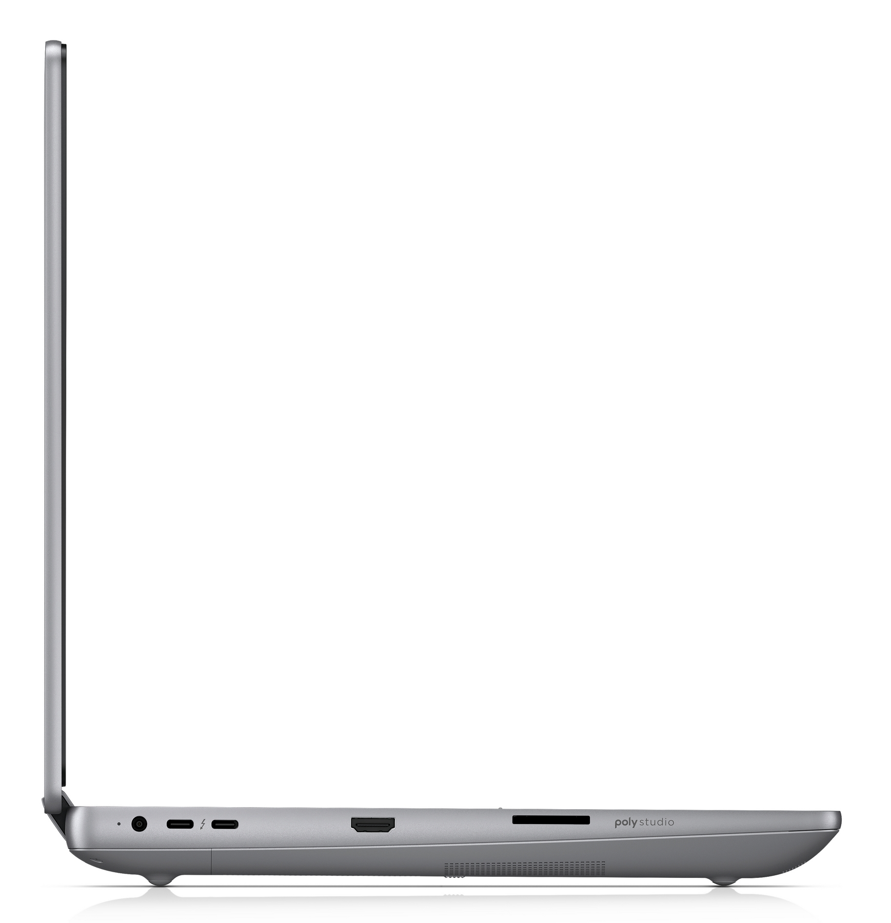 Vista laterale di un laptop argentato, che mostra le porte: jack audio, USB-C, HDMI e slot per schede.