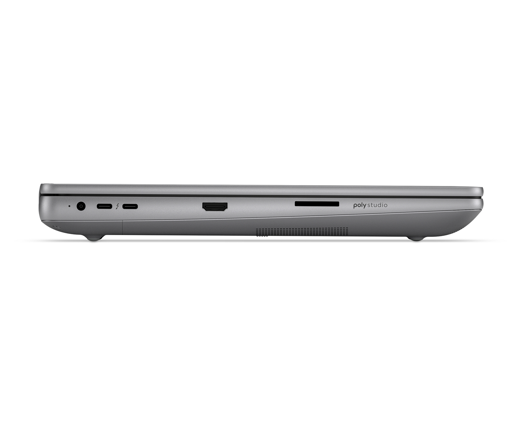 Vista laterale laptop grigio con porte: cuffie, USB-C, HDMI, slot SD card, e prese d'aria.