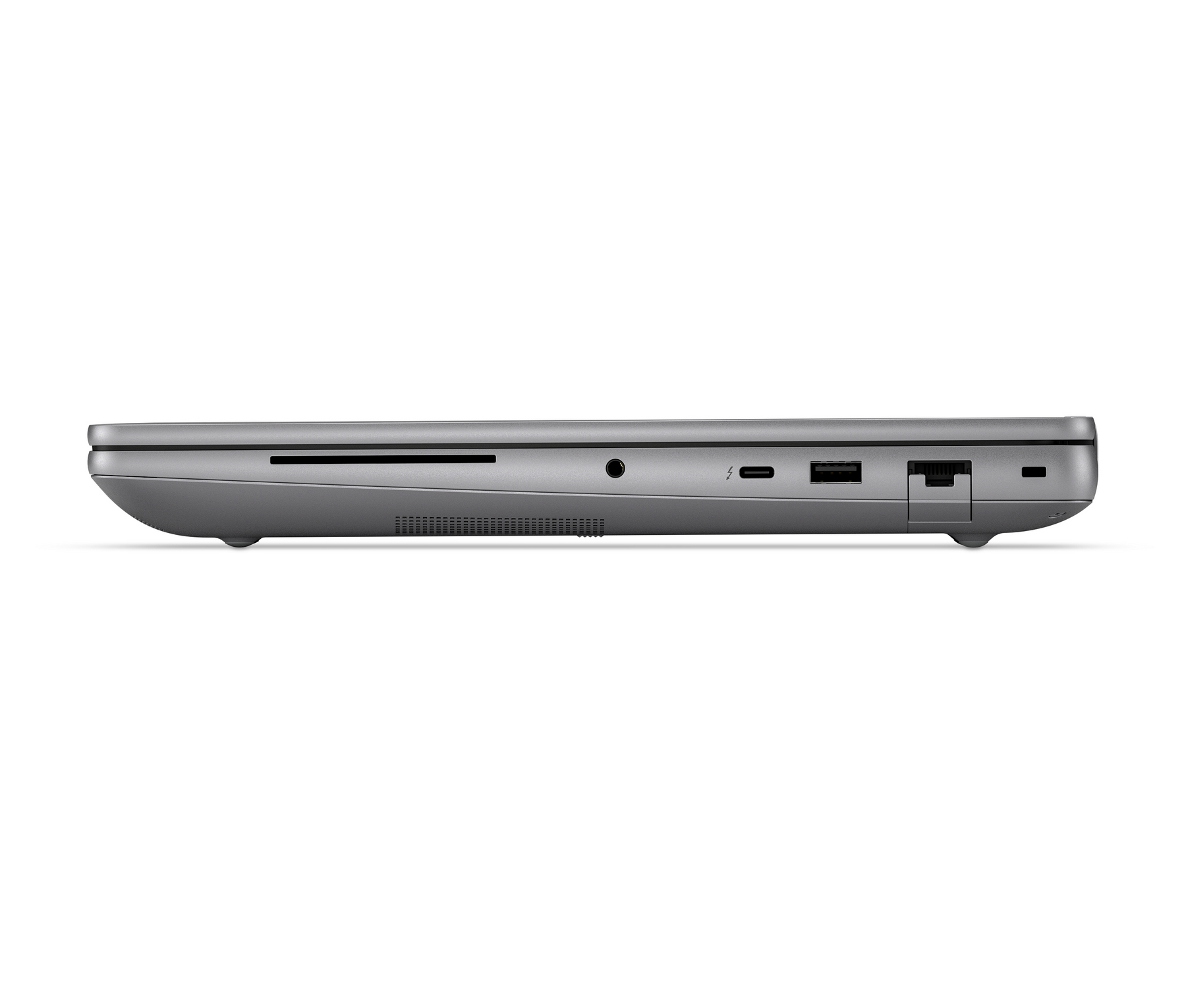 Vista laterale di un laptop grigio che mostra le porte: lettore di schede SD, jack per cuffie, Thunderbolt, USB-A ed Ethernet.