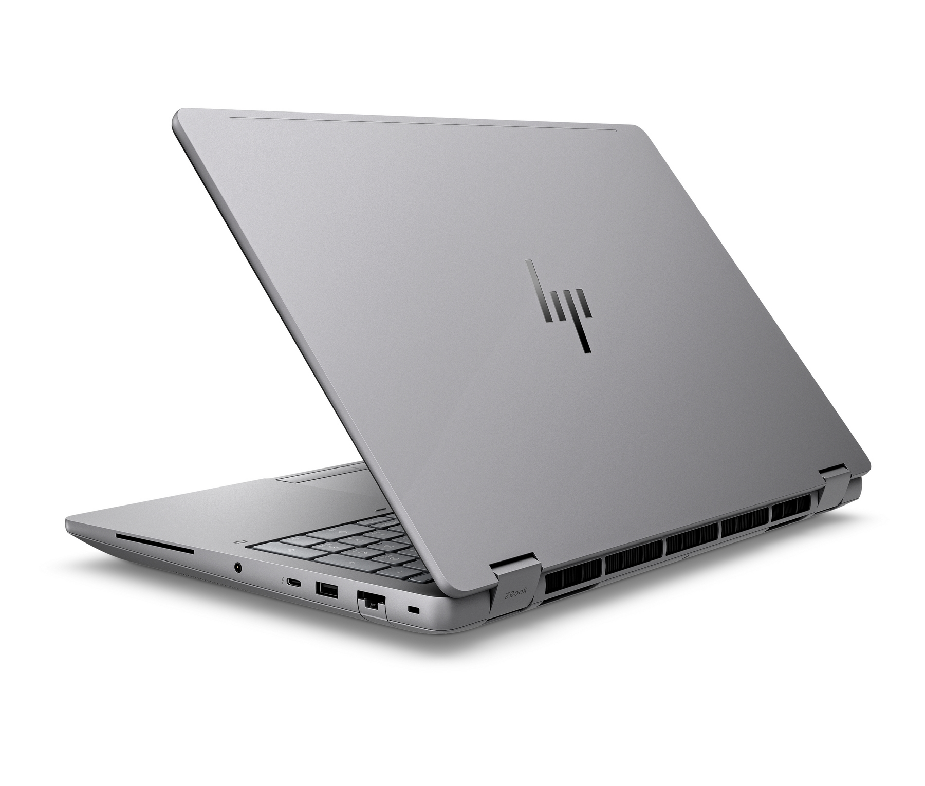 Laptop HP ZBook argento, aperto ad angolo, mostra tastiera e porte.