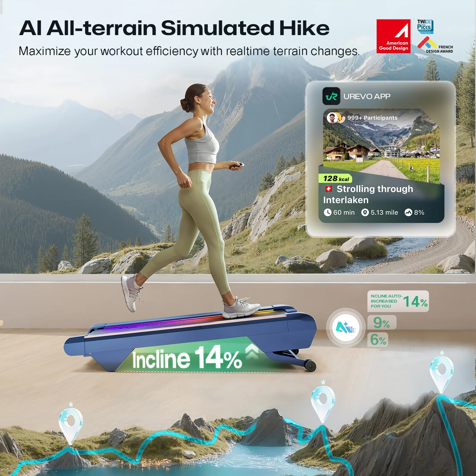 Kobieta biegnie na niebieskim bieżni z widokiem na góry. Aplikacja pokazuje szlak Interlaken.