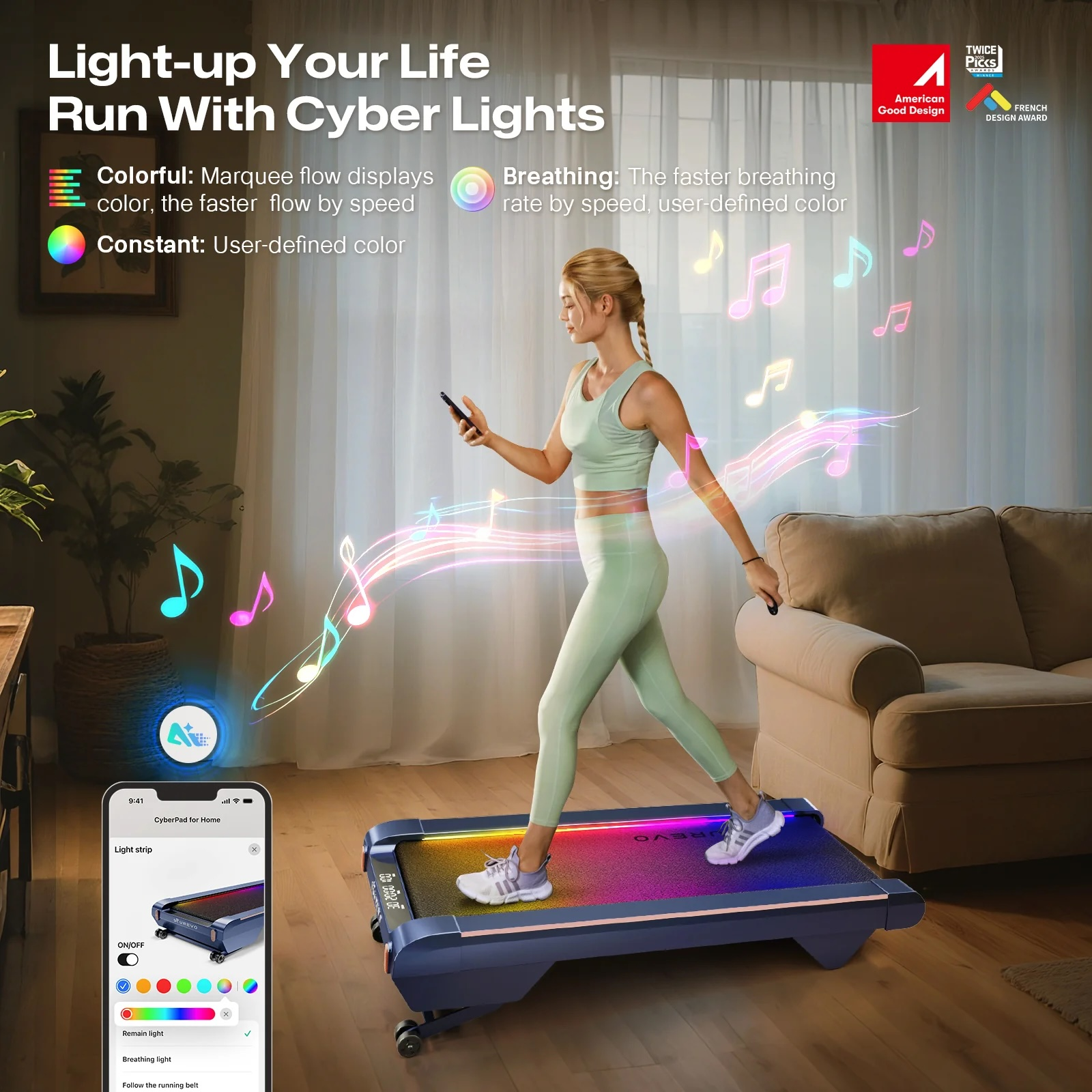 Kobieta na bieżni z kolorowymi światłami przedstawiającymi nuty.