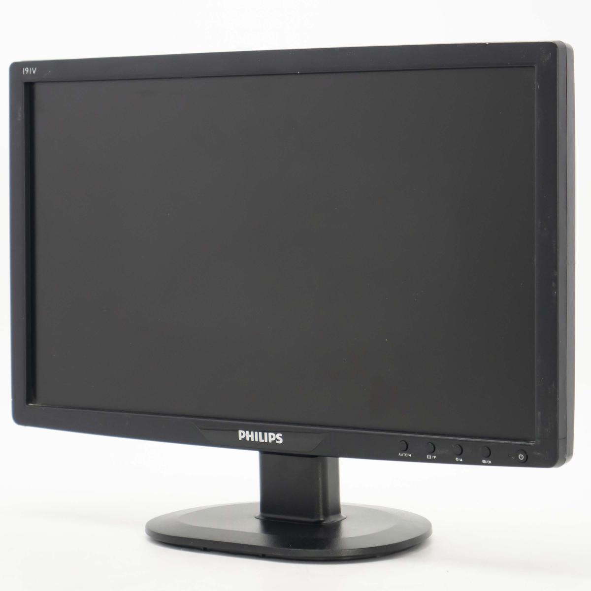 Un monitor Philips 191V nero su un supporto su sfondo bianco.